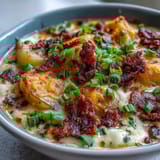 Rich and hearty potato soup featuring melted cheddar, crumbled bacon, and fresh green onion garnish.  