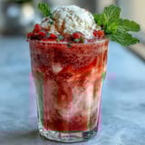 A tall glass filled with a bubbly strawberry daiquiri float, featuring scoops of vanilla ice cream and a splash of chilled sparkling water.