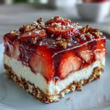 Sweet and salty Memorial Day Strawberry Pretzel Salad Dessert, a chilled, layered treat with vibrant fruit.