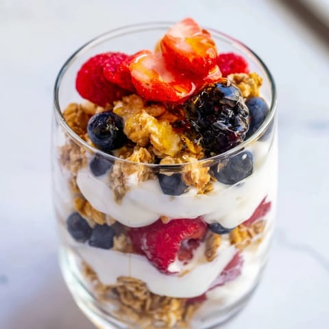 Beautiful layered berry parfait with creamy yogurt, crunchy granola, and vibrant fresh berries.