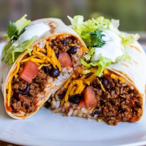 Delicious Beef Burrito, sliced in half, showing layers of seasoned beef and melted cheese.