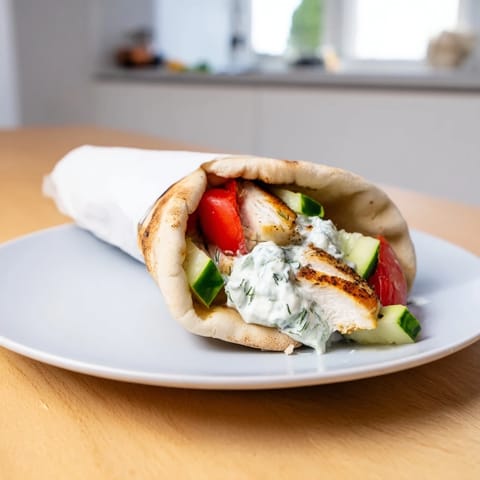 Golden pita bread stuffed with juicy grilled chicken, diced tomatoes, cucumber slices, and a dollop of dill tzatziki.