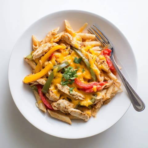 The finished Chicken Fajita Pasta skillet showcases tender chicken and al dente pasta coated in a rich, zesty sauce with lime wedges on the side.