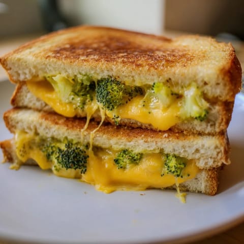 Golden toasted sourdough slices enveloping melted sharp cheddar and tender, caramelized roasted broccoli florets in this Roasted Broccoli & Cheddar Grilled Cheese.
