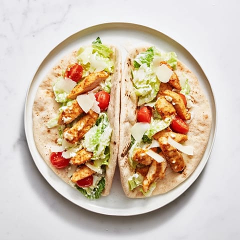 Crispy herbed chicken Caesar pitas filled with creamy dressing and shaved Parmesan.  