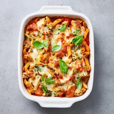 A close-up of golden-bubbly Pesto Chicken Pasta Bake, with melted mozzarella and basil pesto sauce over penne in a white dish.