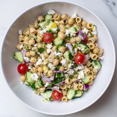 Bright, fresh Lemon Herb Chickpea Pasta Salad with diced cucumbers, cherry tomatoes, and chopped herbs in a white bowl, ready to serve.