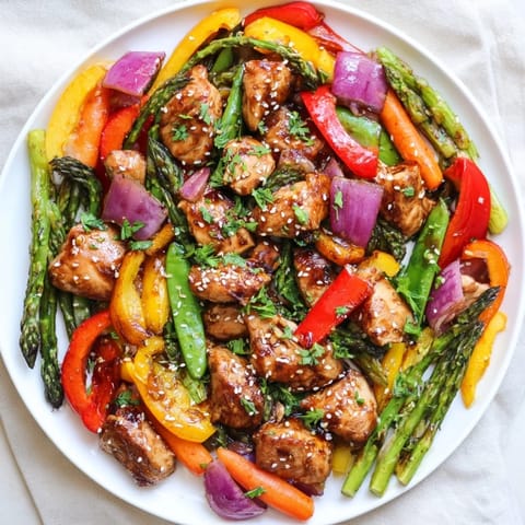 Colorful pieces of bell pepper, asparagus, and carrots mingle with juicy chicken in a honey garlic sauce on a parchment-lined sheet pan.