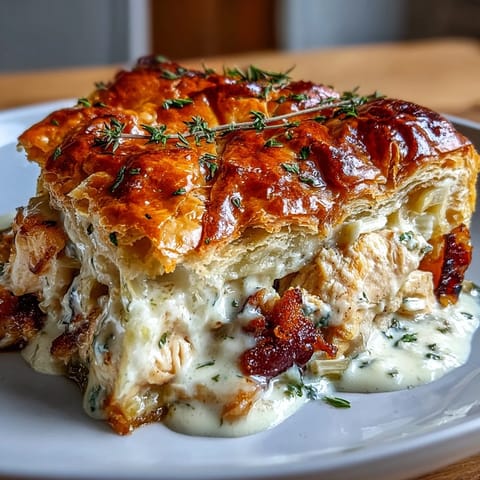 Golden, flaky puff pastry covers a creamy filling of chicken, leeks, and smoky bacon in a rustic pie dish.