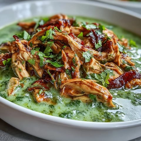 Tender shredded chicken bathed in bright green salsa verde, garnished with avocado and cilantro for a vibrant Mexican-style chili verde.