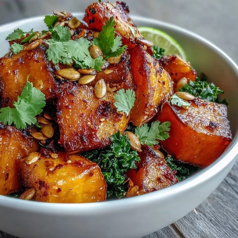 Hearty vegetarian dinner bowl featuring caramelized red kuri squash, wilted kale, and lime for a fresh finish.