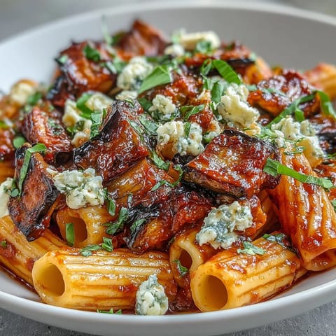 Vibrant Pasta alla Norma served steaming hot, topped generously with fluffy ricotta salata cheese.