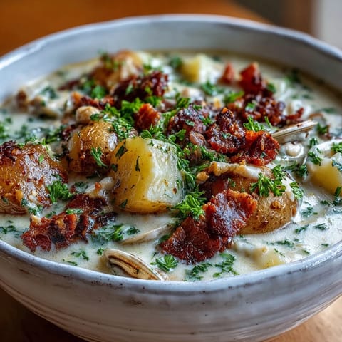 Steam rises from a bowl of New England Clam Chowder, loaded with tender clams and diced potatoes.