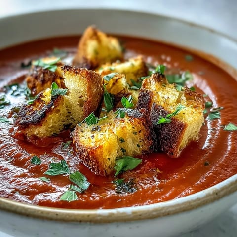 A bowl of roasted red pepper soup topped with crunchy, golden-brown croutons and a swirl of cream, perfect for cozy lunches.