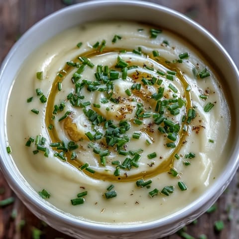 A close-up of smooth Potato Leek Soup with a wooden spoon beside it on a textured table.