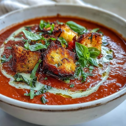 A bowl of Creamy Roasted Tomato Soup paired with a grilled cheese sandwich for dipping on the side.