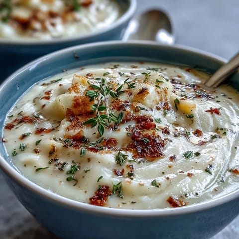 Golden Potato Leek Soup served in a white bowl topped with fresh chives and crumbled bacon.