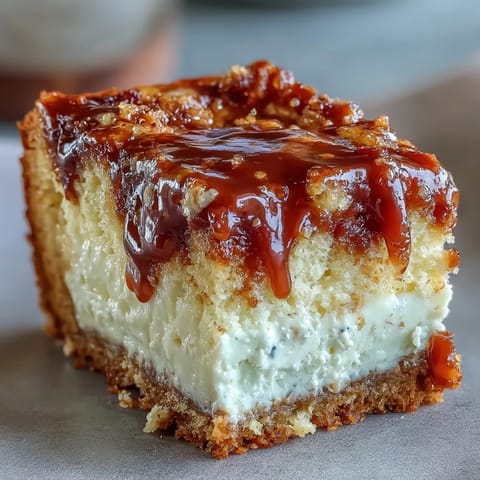 A slice of Caramel Cream Cheese Bread reveals a creamy cheesecake-like center and gooey caramel ribbon.
