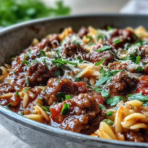 Close-up of bubbling Comforting Ground Beef Orzo Dinner with tender orzo, ground beef, bell peppers, and sweet peas.