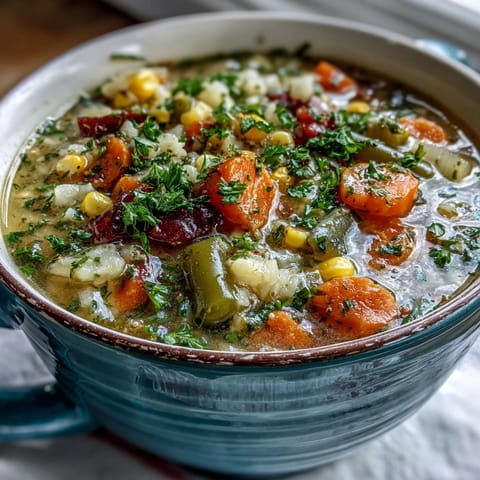 Amish Snow Day Soup is served hot in a white bowl, garnished with fresh parsley and crusty bread on the side.