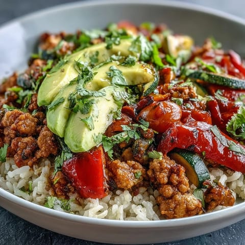 A steaming bowl of Ground Turkey with roasted red bell peppers, zucchini, and broccoli over fluffy brown rice, garnished with sliced avocado and fresh cilantro.  