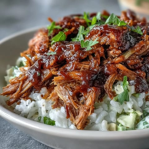 A close-up of a hearty Pulled Pork Bowl garnished with fresh cilantro and green onions on a rustic table.
