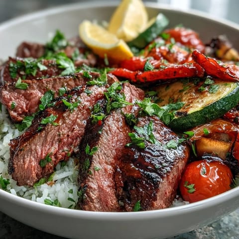 Freshly sliced, juicy grilled steak rests beside roasted red bell peppers, zucchini, and tomatoes atop fluffy rice in this complete sheet pan dinner.  