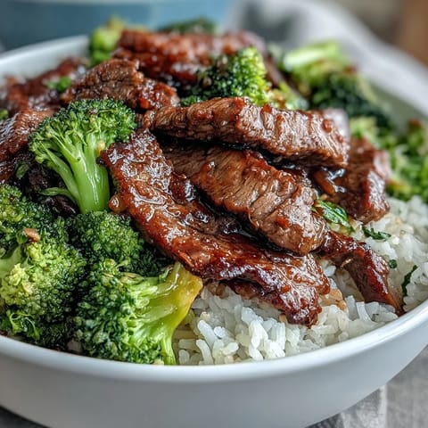Savory Beef and Broccoli Bowl with tender beef strips, fluffy rice, and crisp steamed broccoli drizzled in a rich soy-ginger sauce.