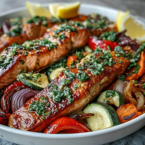 Golden-brown roasted salmon fillets and colorful vegetables on a sheet pan after baking, garnished with fresh parsley and lemon wedges.