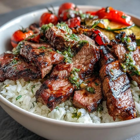 Grilled steak bowl with tender, smoky steak over fluffy rice, topped with roasted vegetables and vibrant chimichurri sauce.