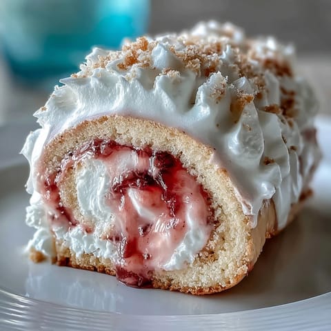 Homemade Brazo Gitano dessert roll with golden meringue, served alongside a steaming cup of café con leche.