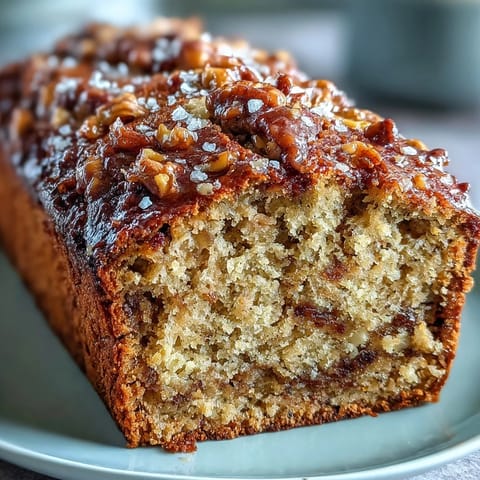 A rustic loaf of Vegan Cardamom Guava Banana Bread drizzled with lime glaze, garnished with fresh banana slices and cardamom pods. 