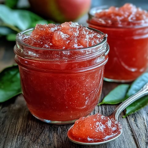 A spoonful of vibrant guava preserves, simmered with lemon juice for a sweet, tropical flavor and smooth texture.