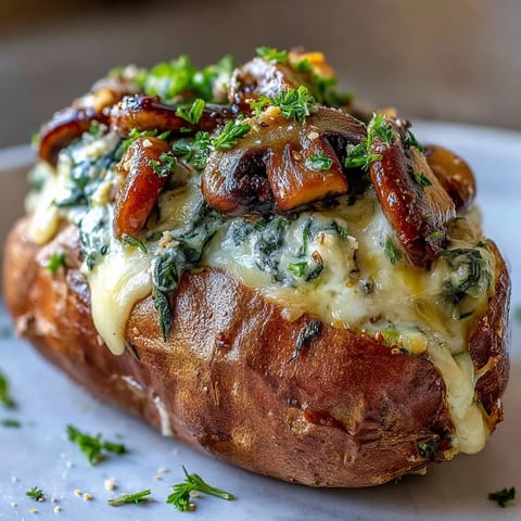 A close-up of Creamy Mushroom and Spinach Stuffed Sweet Potatoes showing sautéed greens and garlic in the filling.