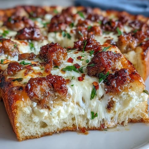 Freshly baked Hot Sausage Feta Honey Pizza on a wooden board, showcasing a crispy crust and bubbling mozzarella.