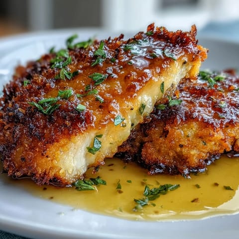 Golden-brown Lemon Parmesan Crusted Chicken cutlets sizzling in a skillet, ready for the bright lemon butter sauce.