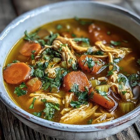 A pot of Anti-Inflammatory Turmeric Chicken Soup simmering with tender chicken, carrots, and celery in a golden broth.