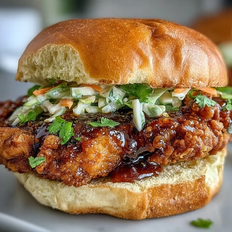 This Thai Fried Chicken Sandwich features juicy chicken coated in spicy mayo, nestled in a toasted brioche bun.