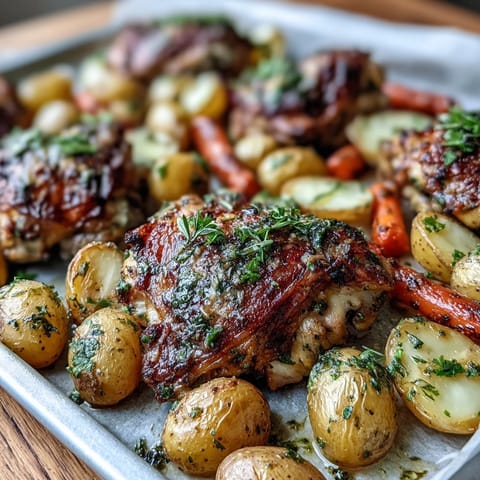 Golden-brown Crispy Ranch Sheet Pan Chicken & Veggies with roasted potatoes and carrots, a perfect gluten-free weeknight meal for four.