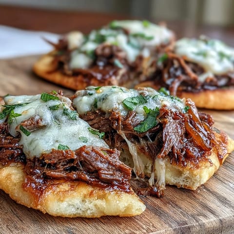 Golden, melty provolone and mozzarella bubble over tender shredded beef piled onto garlic naan in a Slow Cooker Beef & Garlic Naan Melt.