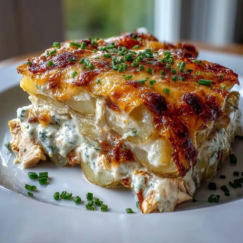 Ranch-scented steam rises from this Creamy Ranch Chicken Potato Bake casserole, revealing melted cheese and soft potatoes.