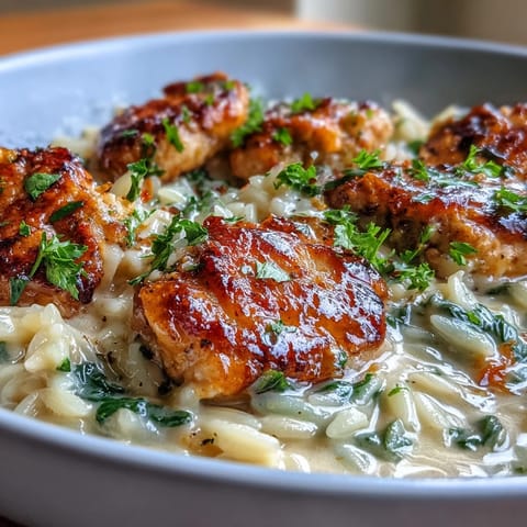 One-Pot Creamy Garlic Parmesan Chicken Orzo simmering in a deep skillet, garnished with fresh parsley.