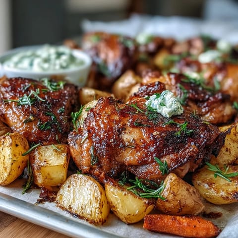 Golden, crispy-skinned ranch chicken thighs and tender roasted vegetables served together on a sheet pan for an easy weeknight meal.