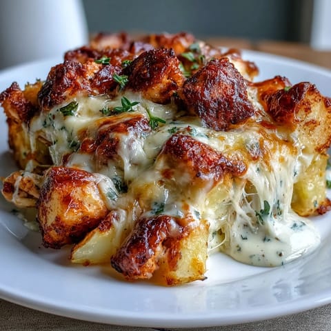 Golden, bubbling cheddar blankets tender potatoes and chicken in a creamy ranch sauce.
