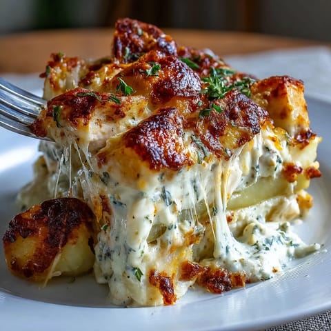 Fresh chives garnish this hearty Creamy Ranch Chicken Potato Bake, served hot from the oven.