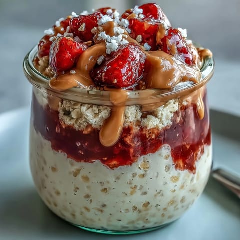 Fresh strawberry jam and oats layered with peanut butter for a high-protein breakfast in clear jars.