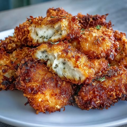 Golden-baked Asiago Panko Chicken Bites with a crispy, golden-brown crust on a baking sheet.