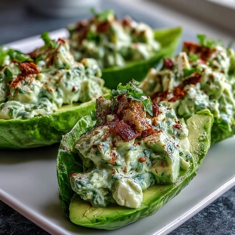 Keto avocado egg salad lettuce boats topped with everything bagel crunch for a fresh, low-carb lunch.