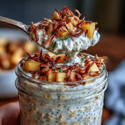 2. Tropical breakfast in a jar: mango chia overnight oats with toasted coconut crunch, perfect for a refreshing vegan morning meal.  