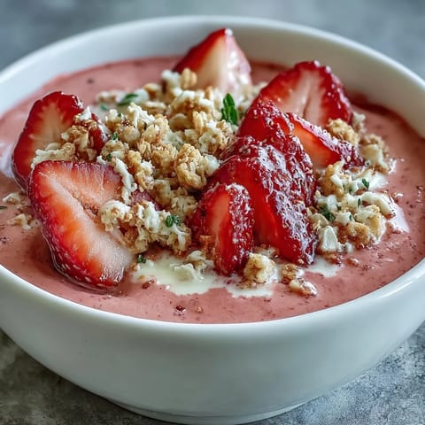 Creamy strawberry protein smoothie bowl with hidden cauliflower, topped with fresh berries, granola, and seeds for a nutritious breakfast.